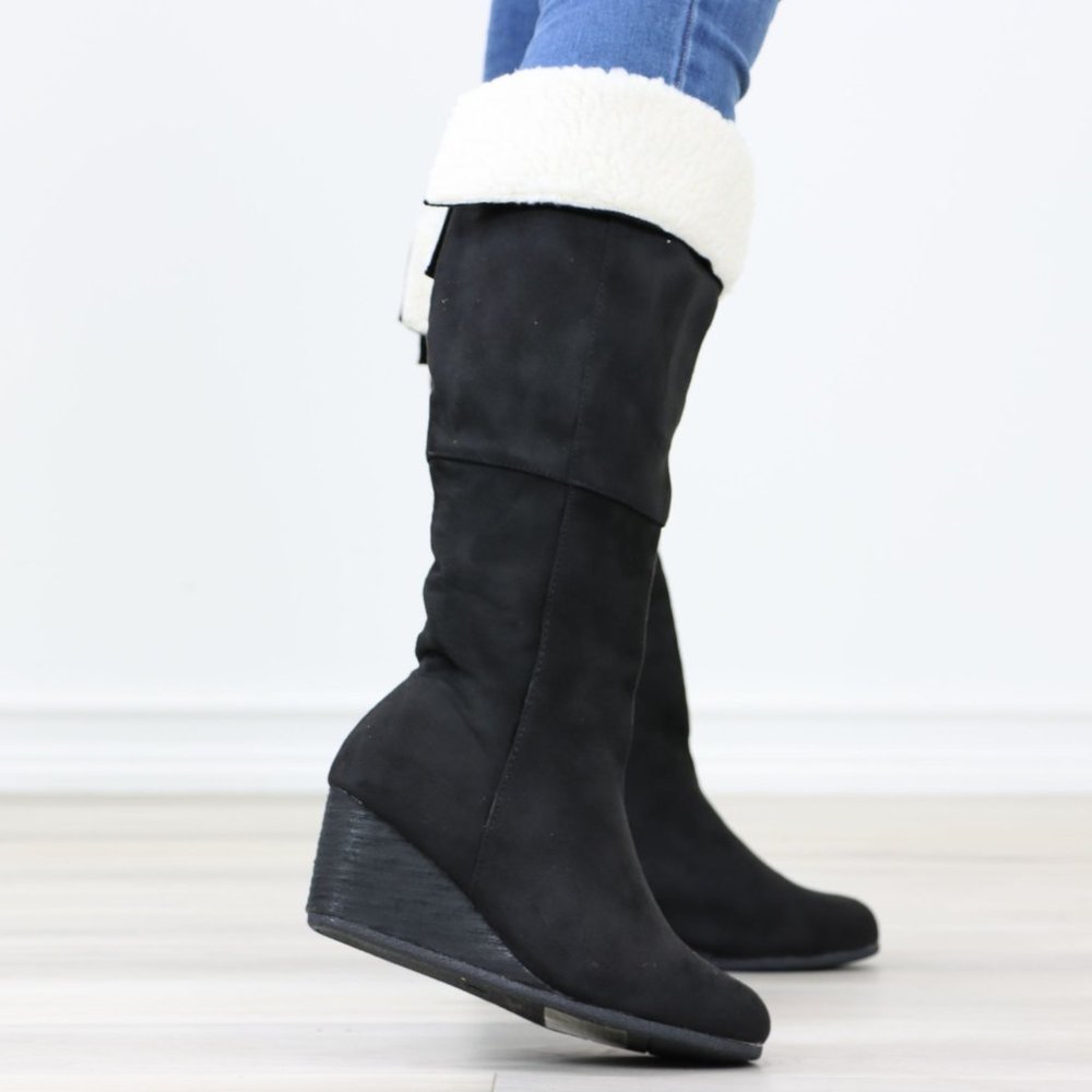Sherpa Fold Over Black Below The Knee Wedge Heeled Boots Faux Suede - Picture 4 of 12